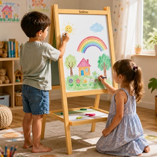 Image of Amazon Brand - Solimo 2 in 1 Double Sided Wooden Easel Stand, Whiteboard and Chalkboard, A-Type Foldable, 80 cm x 40 cm, with Tray, for Kids (Kids (Ages 0 to 12 Years), Pack of 1 Item)