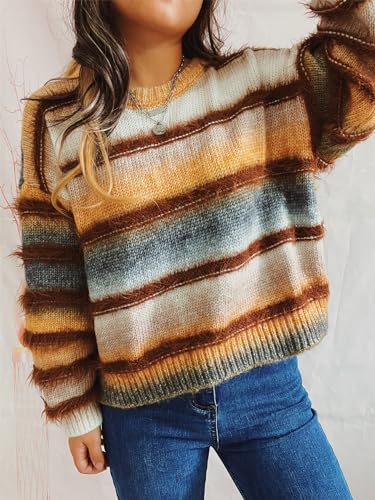 utcoco Womens 2025 Fall Long Sleeve Pullover Sweater Gradient Colorful Striped Oversized Knit Sweaters2
