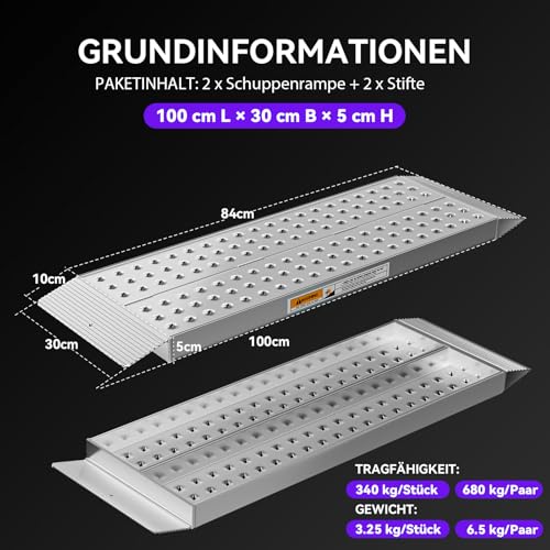 FACHNUO Stabile Aluminium-Rampen 100x30 cm | Laderampe, 680 kg Tragfähigkeit, rutschfest für Schuppen/Rasenmäher | Für Schneefräsen, Motorräder, Crossbikes & ATVs | 2er-Set, Silber