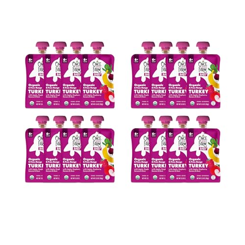 Once Upon a Farm Pouches, Apple, Turkey, Raspberry & Banana, USDA Certified Organic, Non-GMO, Cold-Pressure Protected, No Sugar Added, Variety Pack of 16, 6+ Months