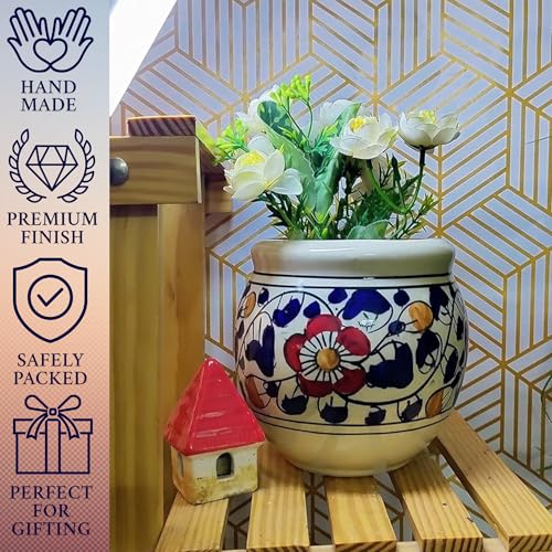 Image of Niyara Ceramic planters pots for Indoor Outdoor Home, Garden Office Decor Balcony Planters Gamla Flower Size Small 6 inches (Blue Handi)