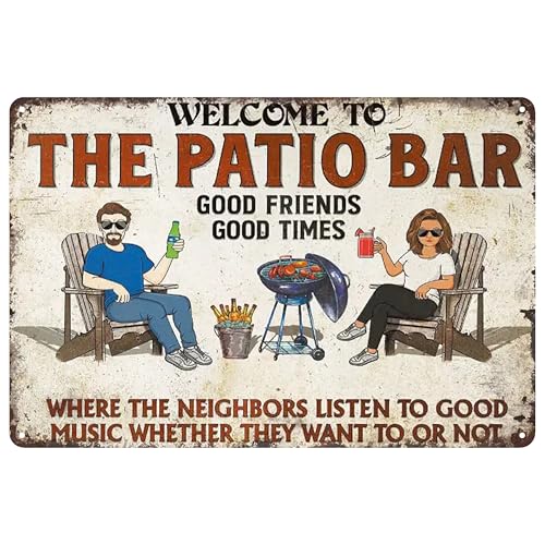 Póster de aluminio con texto en inglés 'Welcome to Patio Bar - Celebrar buenos momentos con amigos, barbacoas y música, 8 x 12 pulgadas