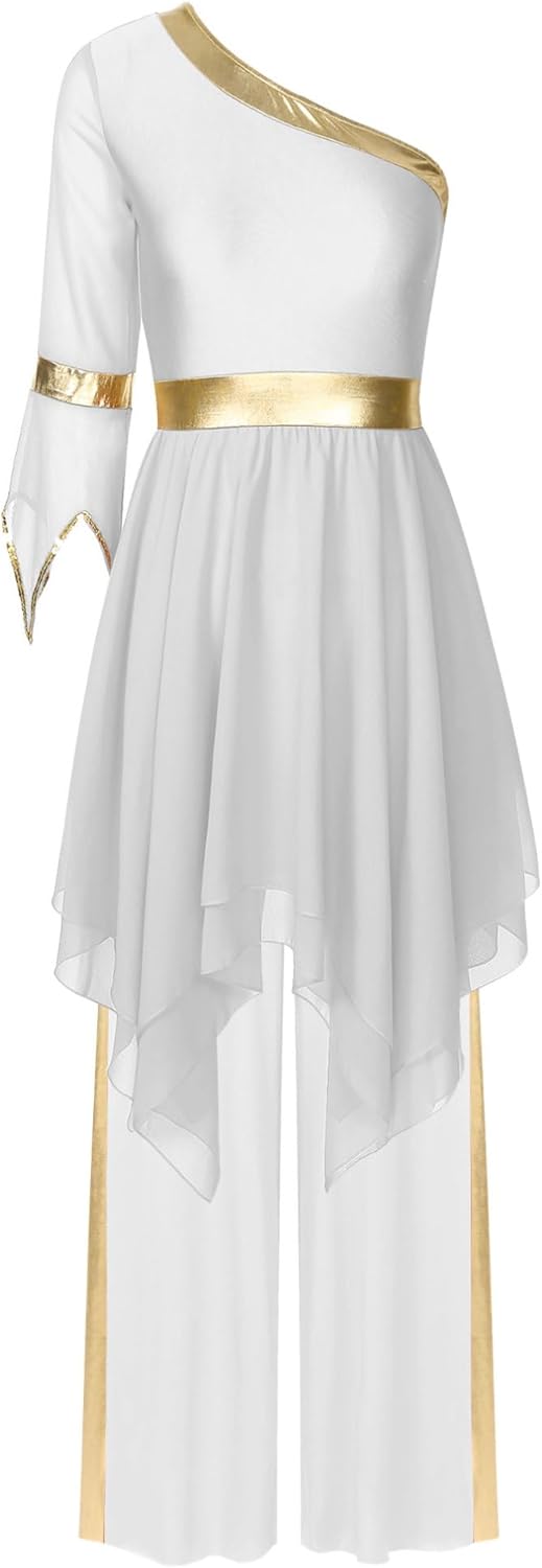 Womens Worship Dance One Shoulder Flared Sleeve Praise Dress with Wide-Leg Pants Liturgical Dance 2PCS Outfit