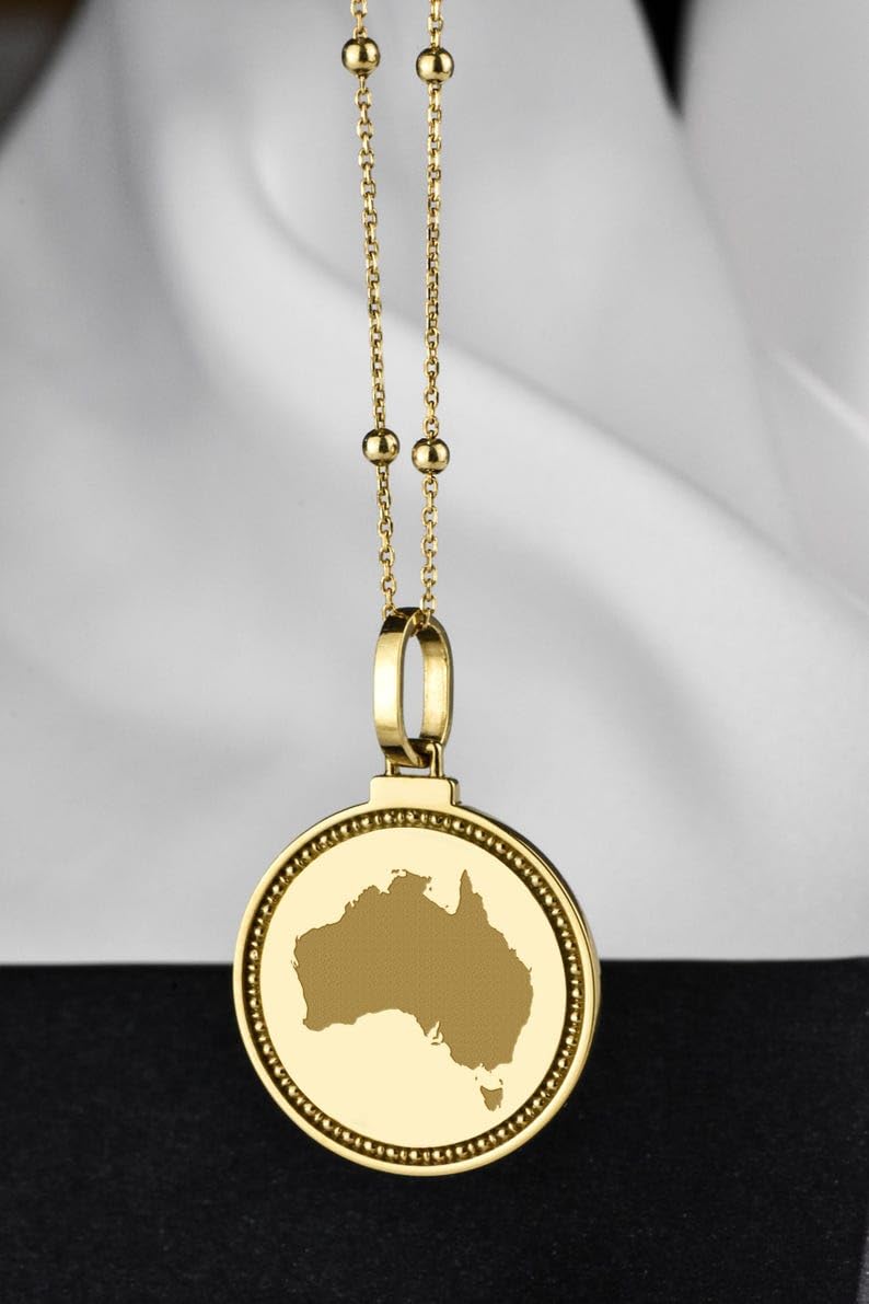 LKBEADS Medallón redondo de plata de ley 925 grabado con mapa de Australia, colgante de 25 mm, chapado en oro, joyería City Country para hombre y mujer, regalo |LKN_MAP_01259