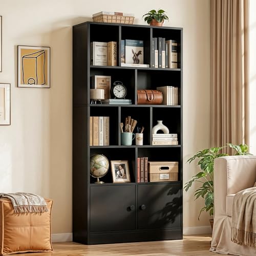 Image of ABOUT SPACE Tall Book Shelf for Home - 10 Shelves with Bottom Closed Compartment Engineered Wood Book Rack for Study Room Book Organizer Stand for Library, Living Room(L80 x B30.5 x H181.5cm -Black)