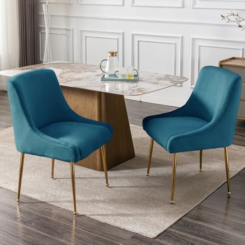 COMULER Teal Velvet Dining Chairs Gold Legs, Modern Upholstered Dining Room Chair with Wing Back Set of 2 Armless Padded Accent Chair Comfy Side Chair for Kitchen Living Room Bedroom