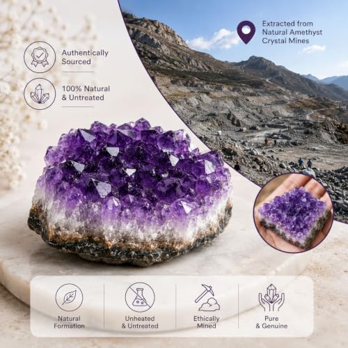 Image of Amethyst Crystal Stone Certified Cluster - Raw Amethyst Stone Original Certified for Energy Cleansing, Meditation, Chakra Balancing, Healing and Decoration Gift