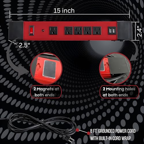 U.S. GENERAL Multitoma robusto de 5 tomas con 2 puertos USB y cable con tierra de 8 pies (rojo) miniatura 3