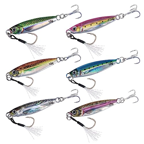 Goture Fishing Jigs,Lead Vertical Jig Saltwater, Jig Fishing Lures with Assist Hook and Treble Hook,Fishing Jigging Spoon Lures for Tuna,Salmon,StripedBass,Grouper Snapper,Kingfish(40g 6pcs)
