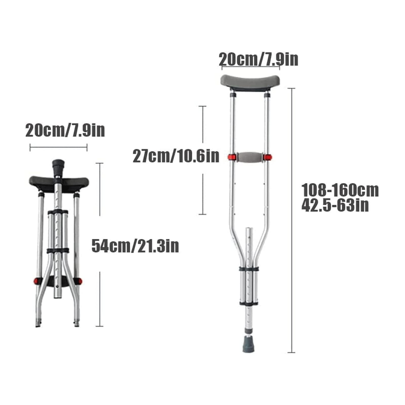 Seguridad Muletas Muletas Plegables de Aluminio, 1 par de Bastones para Las Axilas, Bastones para Caminar con botón de Ajuste de Altura, bastón para Caminar para Adultos o Adolescentes Cómodo