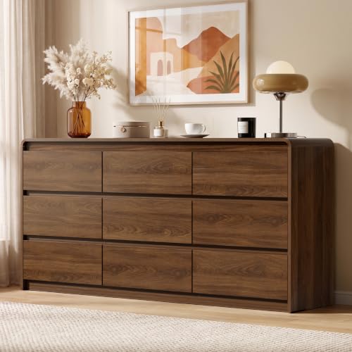Image of Oransail 9 Drawer Dresser, 63 inch Wide Walnut Dresser with Soft-Close Drawers, Curved Anti-Collision & Anti-Tipping Design, Mid Century Modern Wooden Dresser for Bedroom, Living Room, TV Stand