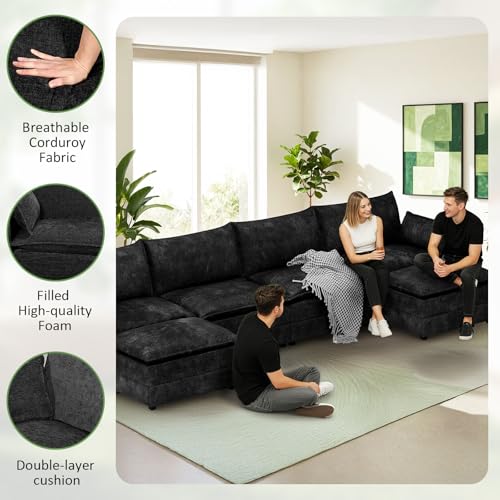 Image of LEVELEVE 147 inch U-Shape Modular Sofa with 2 Ottomans, Deep Seat Cloud Convertible Sleeper, 2 Arm Pillows, Comfortable Large Upholstered Furniture for Living Room Apartment, Black