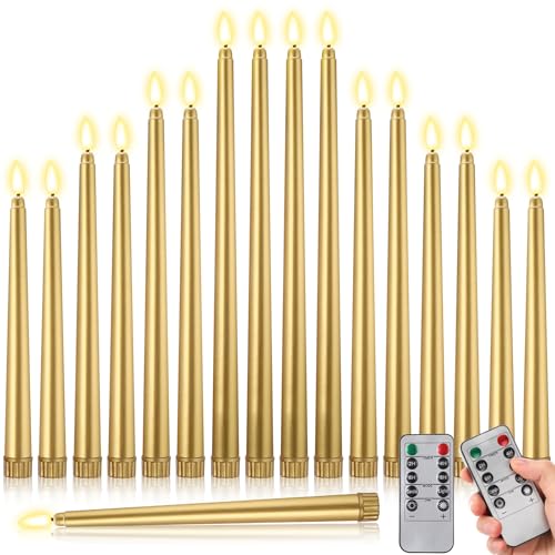 Image of Rossesay 16 Pcs Gold Flameless Taper Candles Battery Operated Candles with Remote Timer 8.5 inch 9.6 inch 10.8 inch 12.8 inch LED Flameless Flickering Candlestick for Halloween Christmas Wedding Party Decor