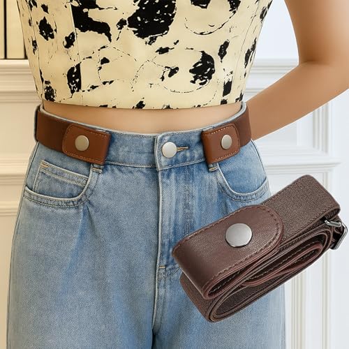 No Buckle Elastic Belt for Men and Women, Invisible Buckle-Free Stretch Belt with Adjustable Fit, Comfortable Waistband for Jeans, Pants, Travel, and Daily Wear BROWN