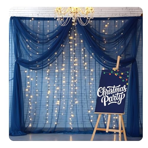 Image of Shimmers Blue Net Curtain Decoration Set - 5 Pcs Kit with 2 Curtains (4x8 ft), Fairy Lights & Hooks, Wedding Backdrop & Home Decor