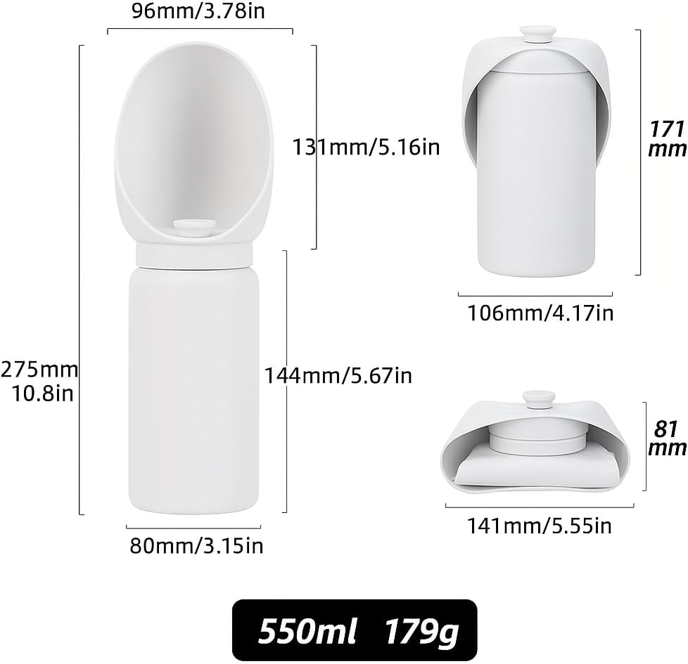 Collapsible Dog Water Bottle (550ml, Grey) – Foldable Silicone Pet Travel Water Dispenser & Bowl, Leak-Proof, Portable, BPA-Free, Easy One-Hand Use