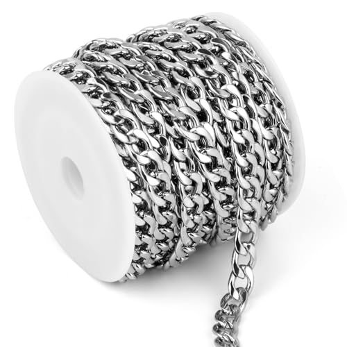 16.5 Feet Stainless Steel Cuban Chain, 6mm Width 304 Stainless Steel Curb Link Chains Roll Bulk for Jewelry Making