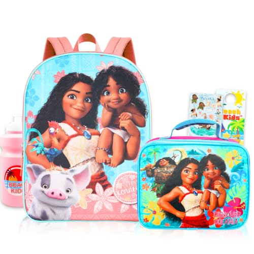 Disney Moana Mochila e lancheira para meninas – Pacote com mochila de 38 cm, lancheira, adesivos, garrafa de água, mais | Conjunto de mochila escolar Moana para crianças