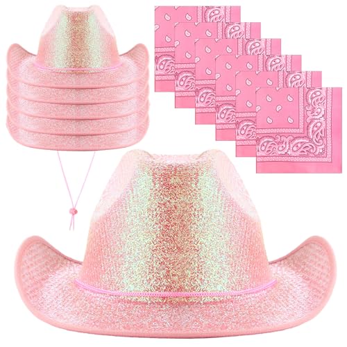 Image of Coume 12 Pcs Sparkly Adults Cowboy Hat and Bandanas Women Men Western Glitter Cowgirl Party Hats with Adjustable Drawstring