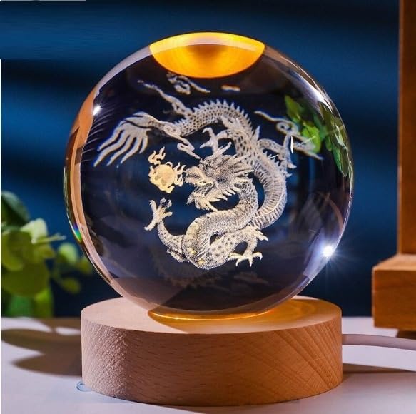 3D Dragon Crystal Ball Night Light with Wooden Base - LED USB Table Lamp for Kids, Teens, and Home Decor