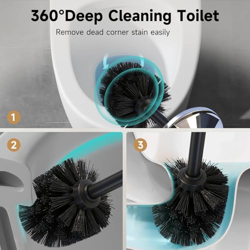 Image of Silver Toilet Brush and Holder,Extra Long Handled Toilet Brush for Bathroom,Stainless Steel Heavy Duty Toilet Bowl Brush,Deep Cleaning Modern Toilet Cleaner Brush -Space Saving, Covered Brush