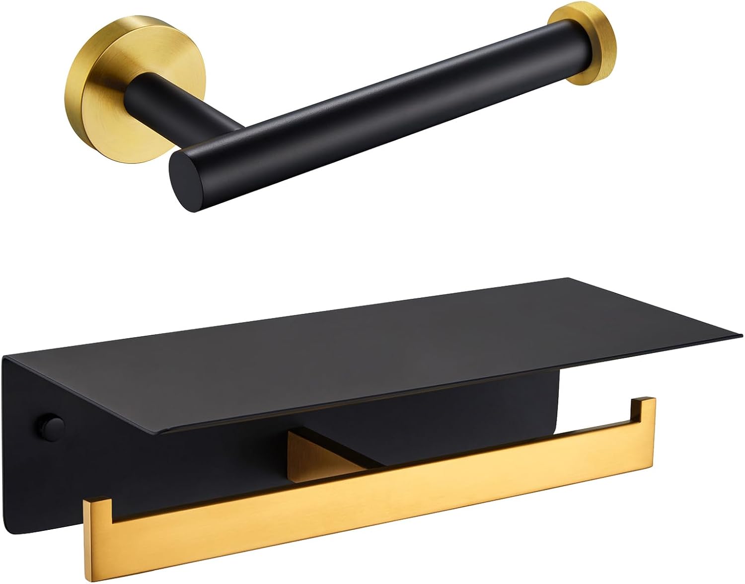 Angle Simple Round Toilet Paper Holder Bundle with Double Toilet Tissue Roll Holder with Shelf (Black & Gold)