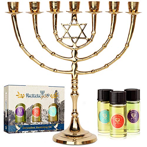 HalleluYAH Menorah 7 Branched Candelabra Plus Anointing Oil from Israel - Classic Star of David Design - Judeo-Christian Symbol - Made in Israel Made of Brass Copper - 11 Inches High