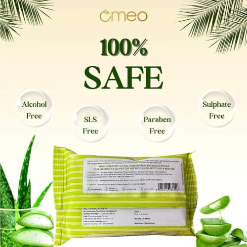 Image of Omeo Aloe Vera Refreshing & Hydrating Wet Wipes, 25N | Face Cleansing, Makeup Remover Wipes with Mint Oil & Vitamin E | Sulphate, Paraben & Alcohol Free - Women and Men