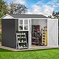 DWVO 8x6ft Large Tool Storage Shed with Window, Lockable Doors, and Sloped Roof, Oversized Steel Outdoor Storage Shed for Garden, Patio, Garage, Backyard, Lawn - Gray & White