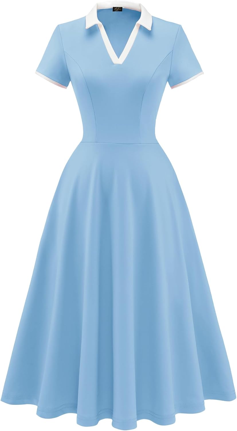 Dressystar Women V Neck 1950s Vintage Short Sleeves Dress Retro A Line Swing Rockabilly Cocktail Party Dresses with Pockets