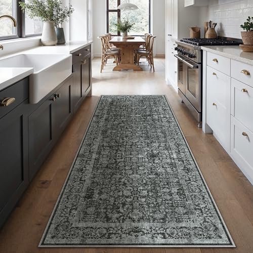 Dark Black Runner Rug 2x8 Hallway Machine Washable Kitchen Vintage Distressed Non Slip Long Carpet Indoor Retro Floral Bedroom Accent Throw Rug for Bathroom Office Laundry Dining Room