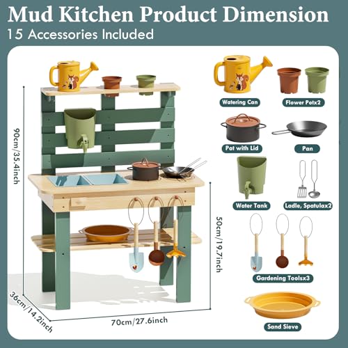 Image of Lehoo Castle Mud Kitchen for Kids Outdoor, Wooden Play Kitchen Outdoor Fun | Pretend Play Kitchen Playset with Weather-Resistant Wood, Real Faucet Sink, Water, Cooking & Planting Sensory Toys for Kid 3+