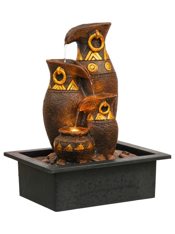 Image of Polyresin Brown & Golden Designer Table Top Jug Style Indoor 3 Steps Home Decor Water Fountain with Yellow LED Light & Water Flow Controller Pump (Size: 40 x 29.5 x 22CM | Weight: 2095grm)