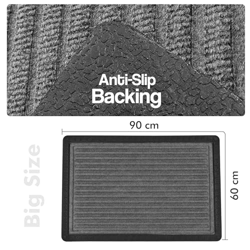Image of Yellow Weaves Large Size (60x90 cm) Door Mat for Home Entrance, Outdoor Rubber Mat - Non-Slip, Anti Skid Foot Mat, Dirt Trapper, Heavy-Duty, Waterproof Doormat (Stripe Design, Grey Color)