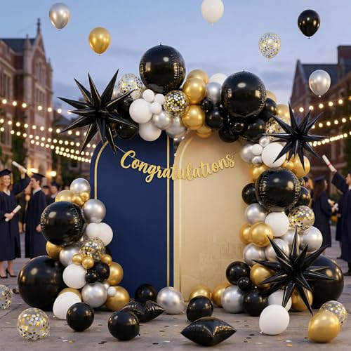 Image of 6pcs 22 inch Black Star Balloons and Black 4D Large Foil Balloons, Foil Star Spike Balloon 4D Ball Balloon For Graduation Birthday Baby Shower Party Wedding Anniversary Father's Day Retirement Decor
