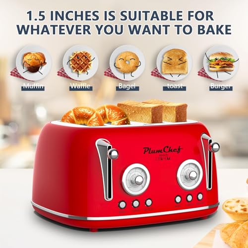 Image of Plumchef 4 Slice Wide Slot Retro Style Toaster, Dual Control Toaster wtih Timer, 6 Browning Settings, Bagel /Defrost Functions, Removable Crumb Tray, Stainless Steel Housing,Black