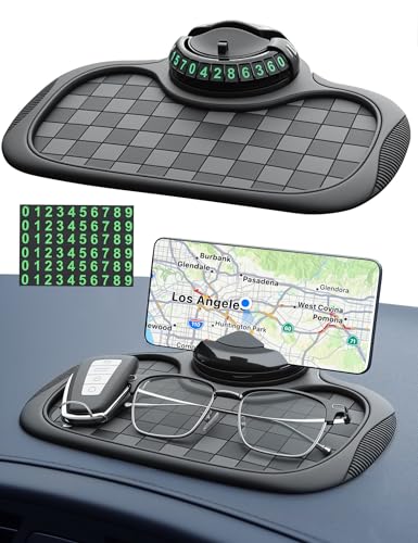 Yunvolx Multifunction Car Anti-Slip Mat Car Dashboard Mat 360 Rotating Adjustable Phone Holder with Hidden Parking Number Plate PVC Grid Style Mat