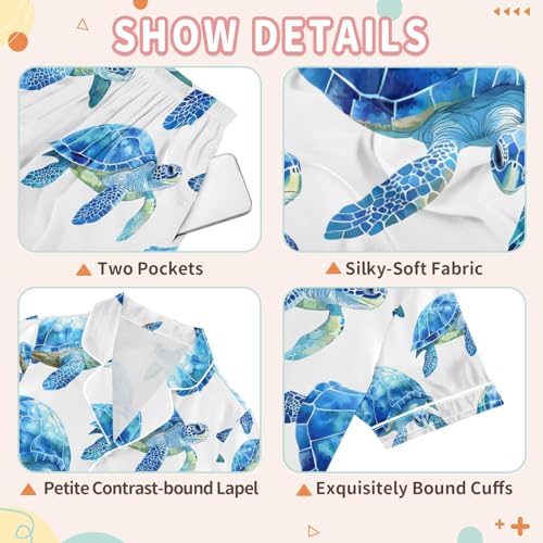 senya Big Turtle Blue P Satin Summer Pajama Sets Silk Short Sleeve Button Down Sleepwear3