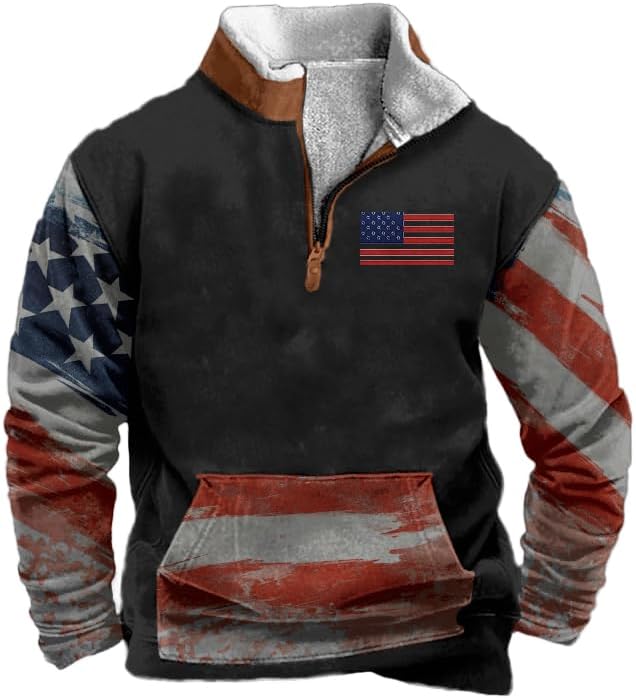 BIVENANT Patriotic Hoodies for Men American Flag Hoodie Fleece Mens Pullover Stand Collar 1/4 Zip Western Sweatshirts