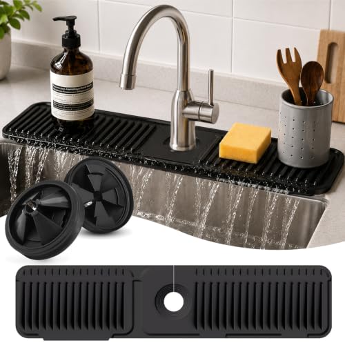 24x5.5 Inch Silicone Faucet Mat for Kitchen Sink Sink Faucet Mat & Sink Splash Guard with Included Rubber Drain Insert Kitchen Faucet Mat Faucet Guard Draining Mat & Sink Water Splash Guard