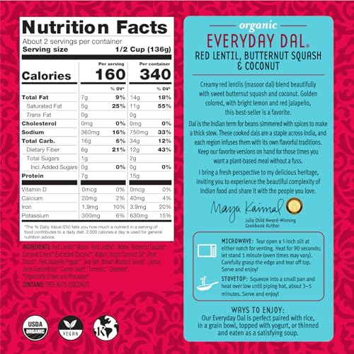 Image of Maya Kaimal - Organic Indian Everyday Dal - Red Lentil 10oz - Fully Cooked with Butternut Squash and Coconut - Vegan - Microwavable - Ready to Eat Meals- Pack of 6