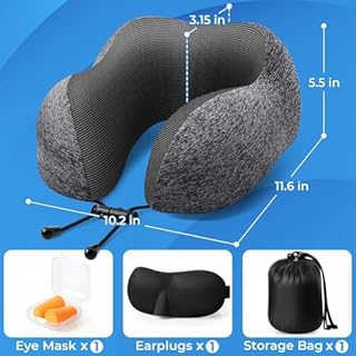 ExploreBliss Travel Pillow, Travel Pillows for Sleeping Airplane, Removable Cover Neck Pillow with Adjustable Clasp, Memory Foam Neck Pillow Set with Eye Mask, Earplugs and Storage Bag (Dark Grey)