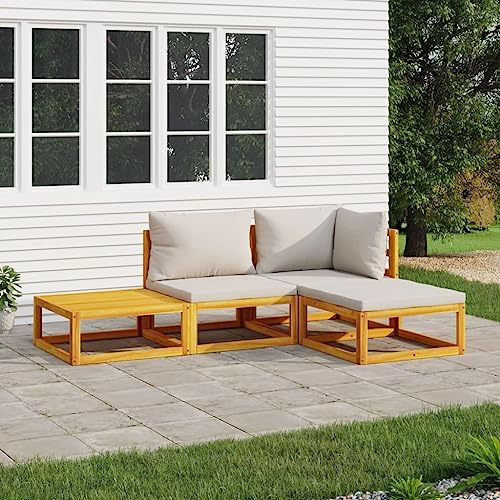 Homgoday Juego de 4 muebles de jardín con cojines de color gris claro, muebles de jardín, muebles de balcón, sofá de jardín, sofá esquinero para terraza, jardín, balcón, madera maciza