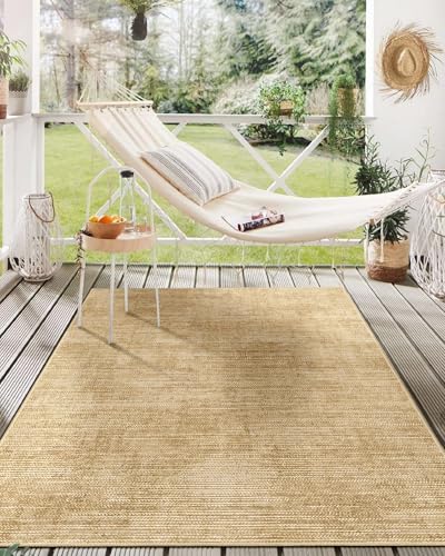 MUJOO 5x8 Outdoor Rug, Modern Striped Beige Patio Mat