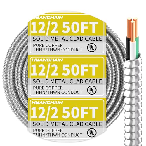 12/2 MC Cable with Ground 50 FT 12 Gauge 2 Conductors Electrical Wire with Aluminum Armor Solid Pure Copper Cable for Indoor and Outdoor Installation UL Listed