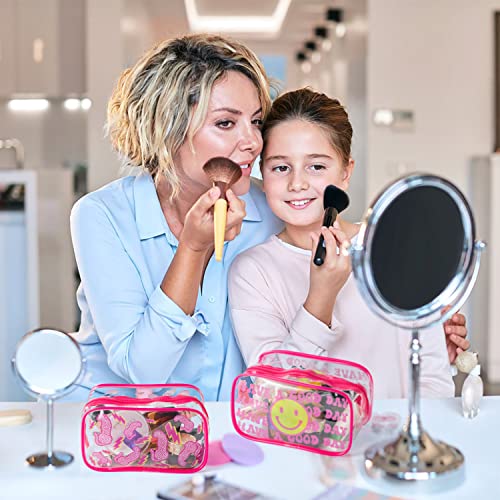 Accontoche 2Pcs Pink Preppy Clear Pvc Cosmetic Bag Smile Leopard Lightning Print Transparent Pvc Makeup Bag Waterproof Portable Penholder Toiletry Zipper Pouch Travel Organizer For Girls Teens Women #TOP3