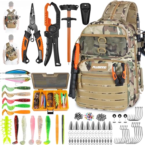 Image of PLUSINNO Fishing Gear Fishing Backpack with Tackle Box, Waterproof tackle Backpack with Rod Holders, Lures, Tools, Pliers & Accessories, Fish Gifts for Men