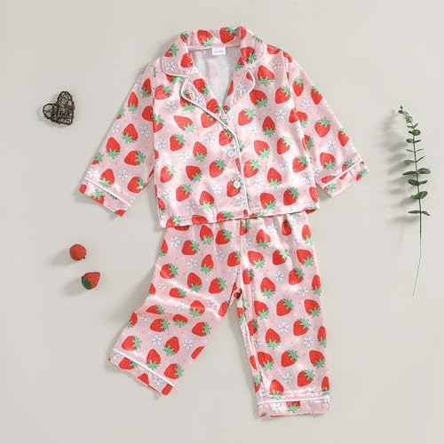 Kids Girls Pajamas Baby Short/Long Sleeve Lapel Button Down Tops Pants Satin Sleepwear Silk Fall Spring Loungewear (Y Strawberry Pink, 2-3 Years)3