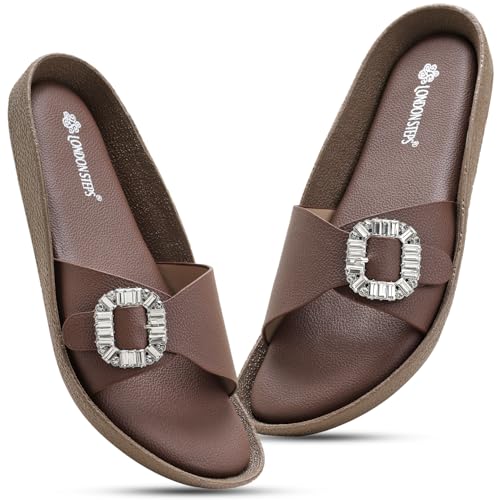 Image of Women Fashion Cross Strap Sliders with Crystal Buckle | Stylish Casual Slip-On Sandals for Women | Lightweight Comfort Slides Everyday Wear