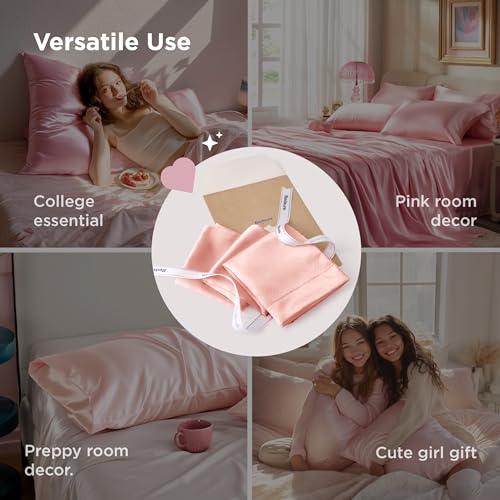 Image of Bedsure King Size Satin Pillowcase Set of 2 - Peach Pink Silky Pillow Cases for Hair and Skin with Envelope Closure, Similar to Silk Pillow Cases, Gifts for Women Men, 20x36 Inches, 2pcs